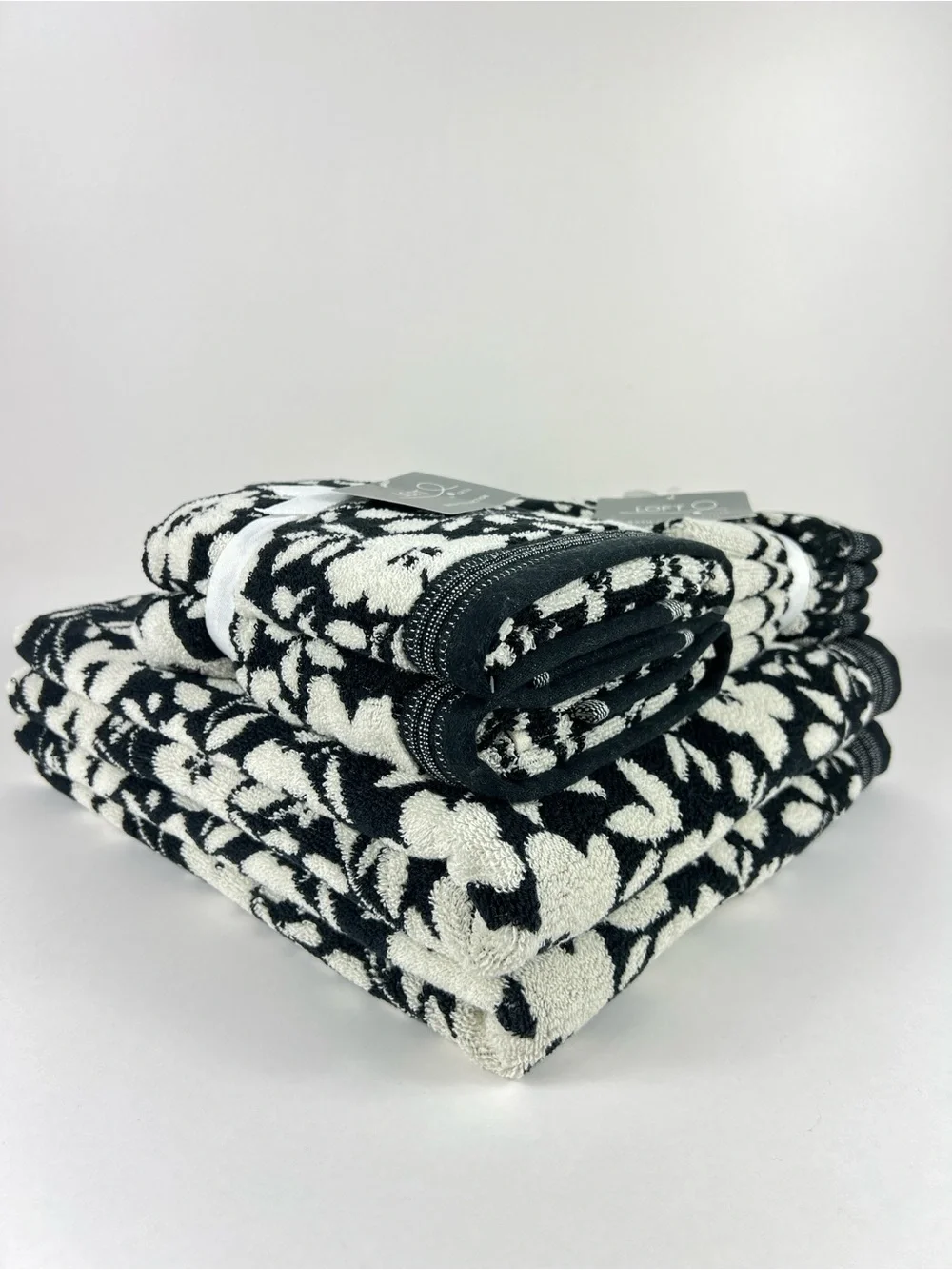 Loft by Loftex Bath Towel Set Bold Floral Black Off White 100% Cotton 8 Pc NEW